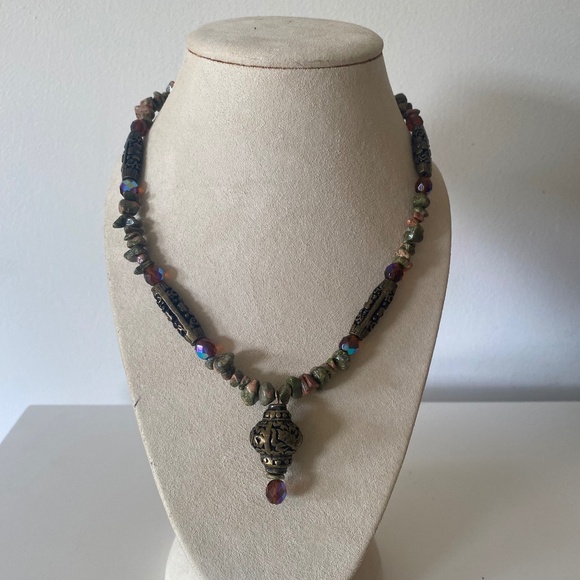 Chico's Unakite Gemstone Boho Pendent Necklace - Picture 1 of 6